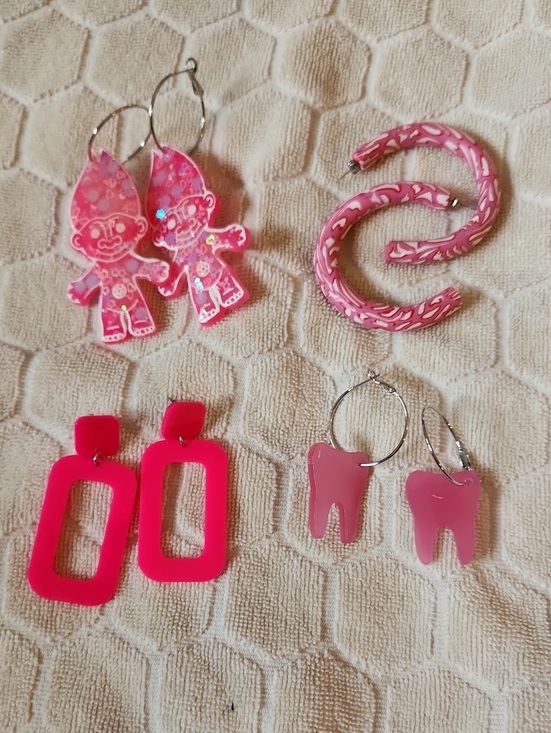 Handmade Jewelry - Pink Acrylic Novelty Earrings Set - Trolls, Hoops, Rectangles, Tooth Charms